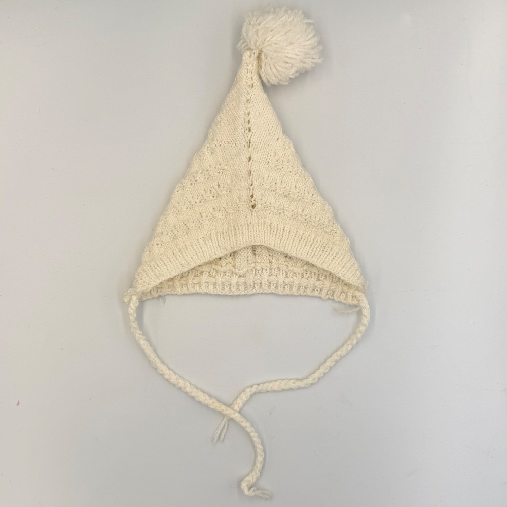 Vintage Cream Knit Baby Hat with‎ Ear Flaps & Pom Pom – Handmade Winter Beanie